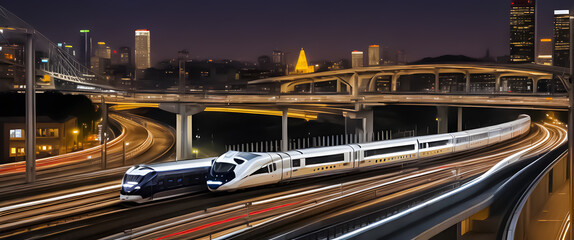  modern fast train is passing through the metropolitan city at night. public transport