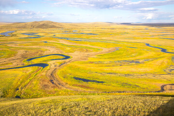 Autumn riverbed and grassland of the Erguna River in Hulunbuir Grassland, China