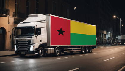 Naklejka premium A truck with the national flag of Guinea-Bissau depicted carries goods to another country along the highway. Concept of export-import,transportation, national delivery of goods.