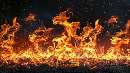 fire sparkle burn effect on isolated black background, fiery flame with glowing glow and flickering spark
