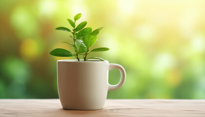 Plant in a cup on a green background , safe nature earth day concept