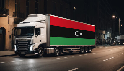 Naklejka premium A truck with the national flag of Libya depicted carries goods to another country along the highway. Concept of export-import,transportation, national delivery of goods.