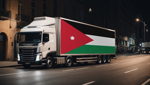 A truck with the national flag of Jordan depicted carries goods to another country along the highway. Concept of export-import,transportation, national delivery of goods.