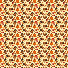 Autumnal seamless pattern with turkeys, pumpkins, and maple leaves on a warm beige background. Thanksgiving Day theme.