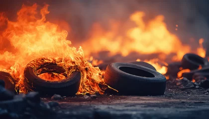Deurstickers Tires are burning in flames in the city strike © terra.incognita