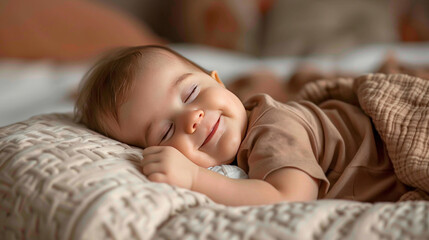 Obraz na płótnie Canvas Cute baby sleeping on his stomach on the bed with a smile on his face, peaceful sleep healthy child