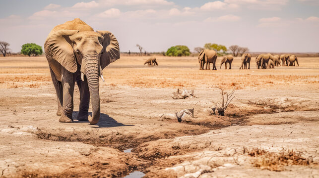 Animals suffer from lack of water, an elephant on cracked ground from the heat.