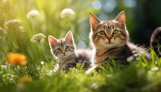 Cute kittens in the grass in summer