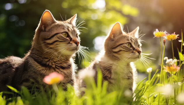 Cute kittens in the grass in summer