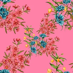 Foto auf Acrylglas Watercolor seamless pattern with garden flowers. Vintage spring or summer floral pattern. Flower seamless pattern. Botanical art. Wedding floral set. Watercolor botanical design.  © Natallia Novik