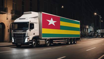 Naklejka premium A truck with the national flag of Togo depicted carries goods to another country along the highway. Concept of export-import,transportation, national delivery of goods.