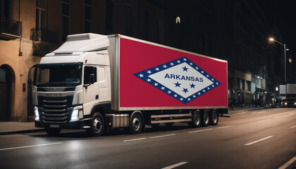 Naklejka premium A truck with the national flag of Arkansas depicted carries goods to another country along the highway. Concept of export-import,transportation, national delivery of goods.