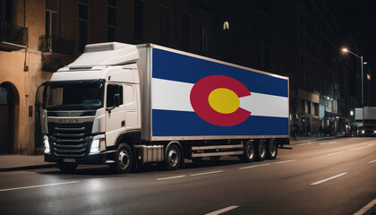 A truck with the national flag of Colorado depicted carries goods to another country along the highway. Concept of export-import,transportation, national delivery of goods.