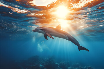 Sunlit Ocean Beauty: Graceful Dolphin Swimming Underwater, Sun Rays Piercing Blue Sea