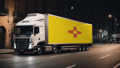 A truck with the national flag of New Mexico depicted carries goods to another country along the highway. Concept of export-import,transportation, national delivery of goods.