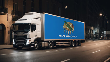 A truck with the national flag of Oklahoma depicted carries goods to another country along the highway. Concept of export-import,transportation, national delivery of goods.