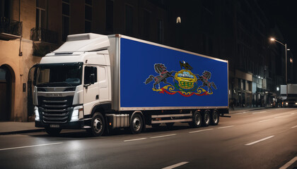A truck with the national flag of Pennsylvania depicted carries goods to another country along the highway. Concept of export-import,transportation, national delivery of goods.