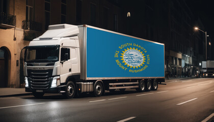 Fototapeta premium A truck with the national flag of South Dakota depicted carries goods to another country along the highway. Concept of export-import,transportation, national delivery of goods.