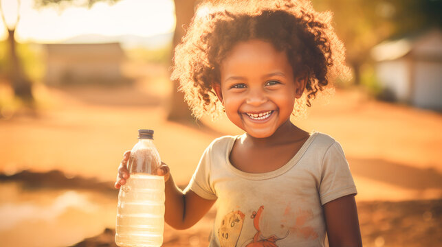 Poor, beggar, hungry smiling black child in Africa, thirsty to drink water from a plastic bottle.