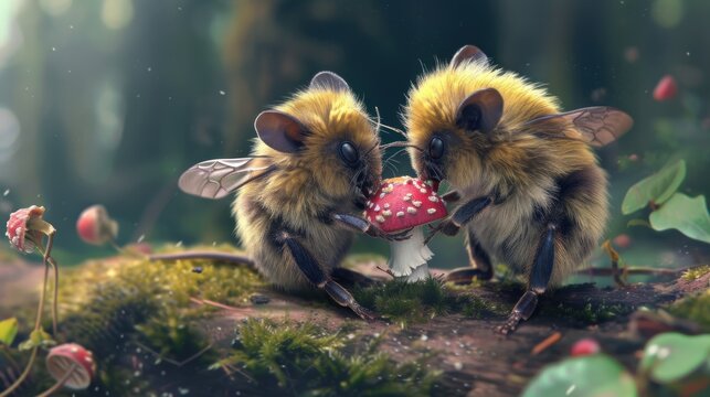 a couple of bees standing on top of a lush green field next to a red and white mushroom covered mushroom.