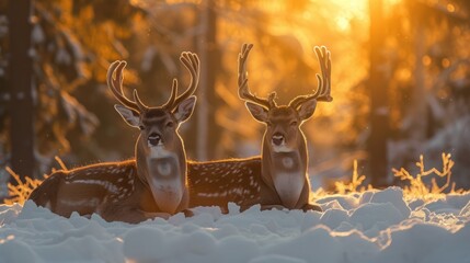 two deer laying down in the snow in front of a forest with the sun shining through the trees behind them.