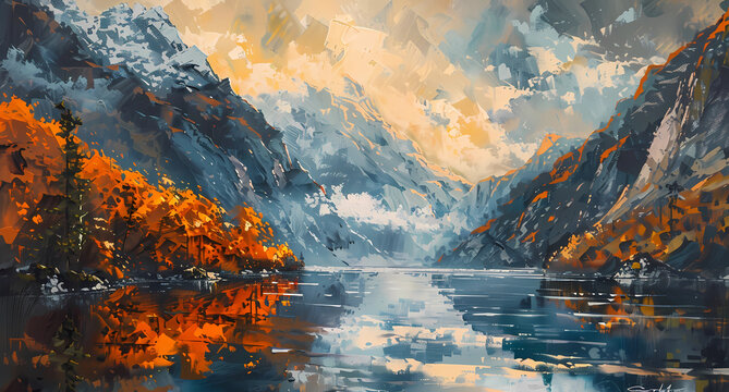 painting of a river with mountains