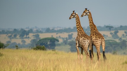 Obraz premium a couple of giraffe standing next to each other in a field of tall grass with trees in the background.