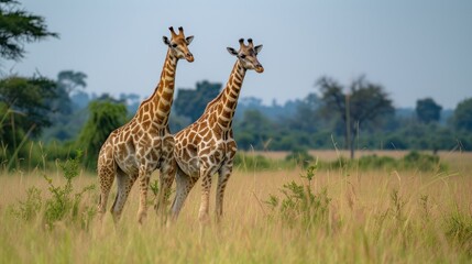 Naklejka na ściany i meble two giraffes standing next to each other in a field of tall grass with trees in the background.