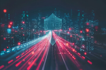 Futuristic Cityscape with Neon Lights and Traffic Trails - Cyberpunk Urban Nightlife Theme

 - obrazy, fototapety, plakaty