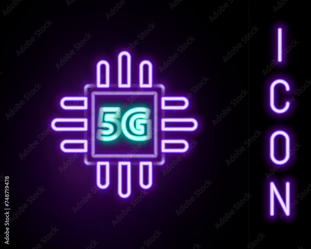 Poster glowing neon line computer processor 5g with microcircuits cpu icon isolated on black background. ch