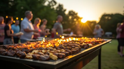 Sunset barbecue with grilled veggies and juicy meat for a warm, inviting atmosphere at dinner. - 748719440