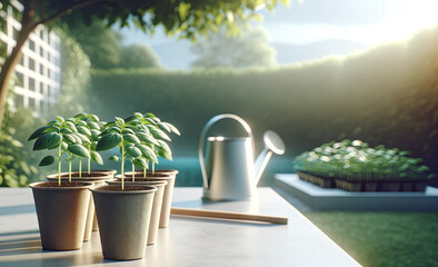 Young Basil Seedlings and Watering Can on Outdoor Table - obrazy, fototapety, plakaty