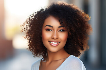 Portrait of beautiful afro american latin confident woman smiling in the street.