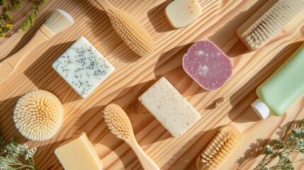 a bunch of different types of soaps on a wooden table next to a brush and a bottle of lotion. - obrazy, fototapety, plakaty