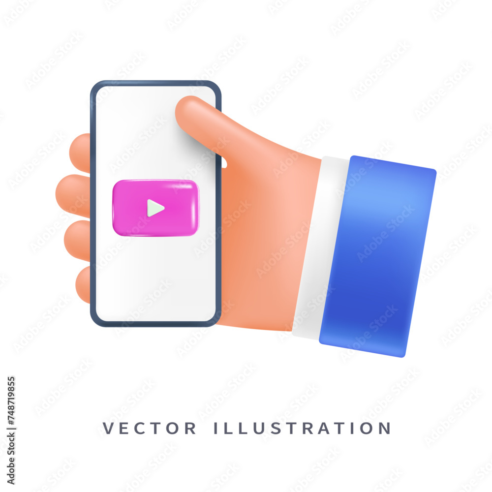Aufkleber viewing video on the phone in the user's hand, 3d style for ui ux graphic design. hand with phone in