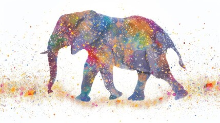 a watercolor painting of an elephant walking through a field of colorful sprinkles on a white background.