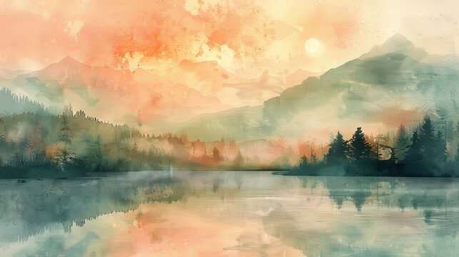 Watercolor painting of a tranquil dawn over a mountain lake,ai generated