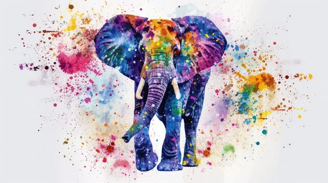 a watercolor painting of an elephant with paint splatters on it's body and tusks.