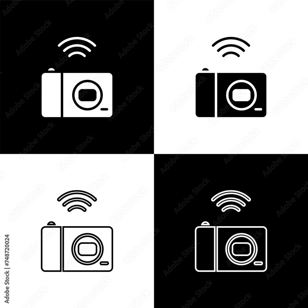 Poster Set Smart photo camera system icon isolated on black and white background. Internet of things concept with wireless connection. Vector