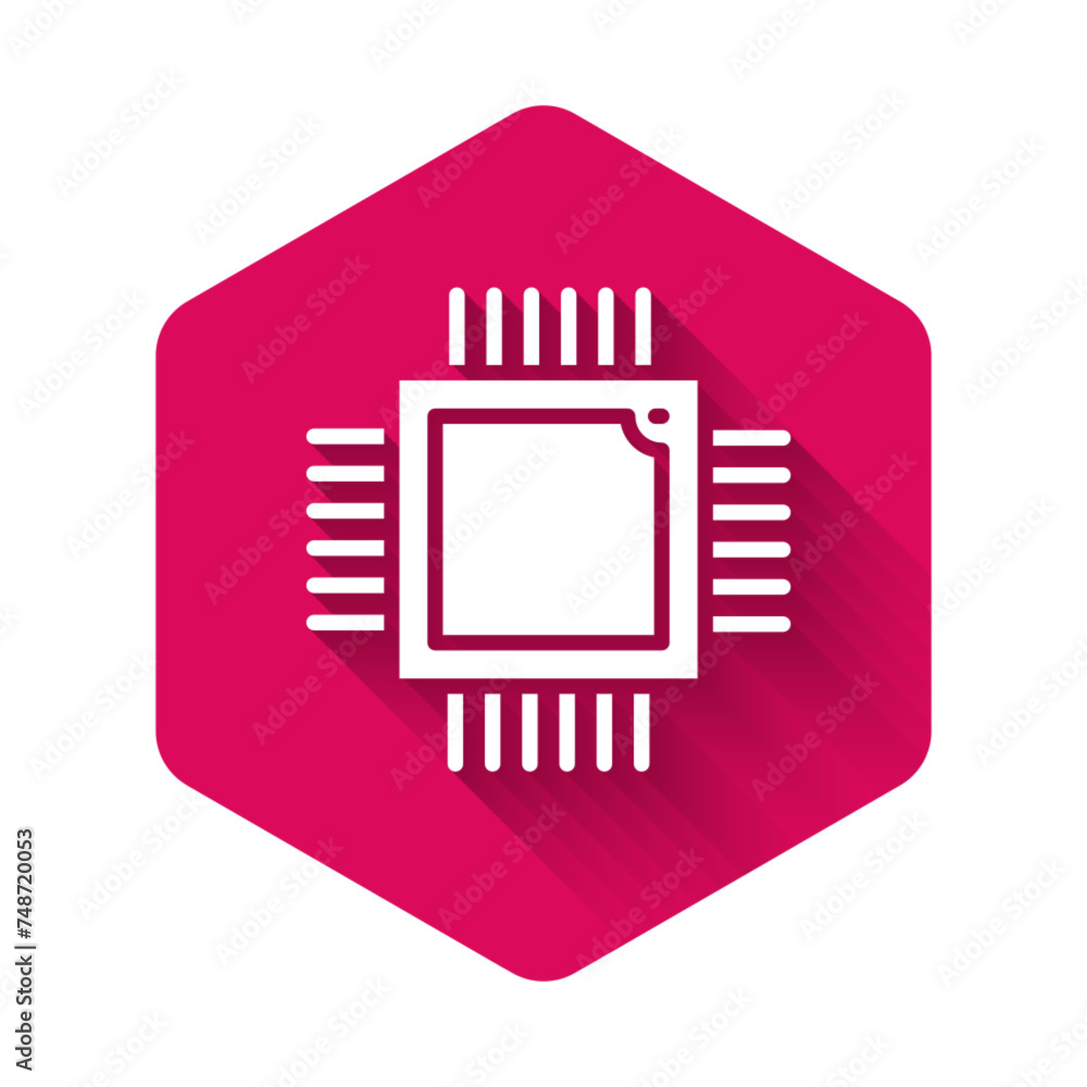 Poster white computer processor with microcircuits cpu icon isolated with long shadow. chip or cpu with cir