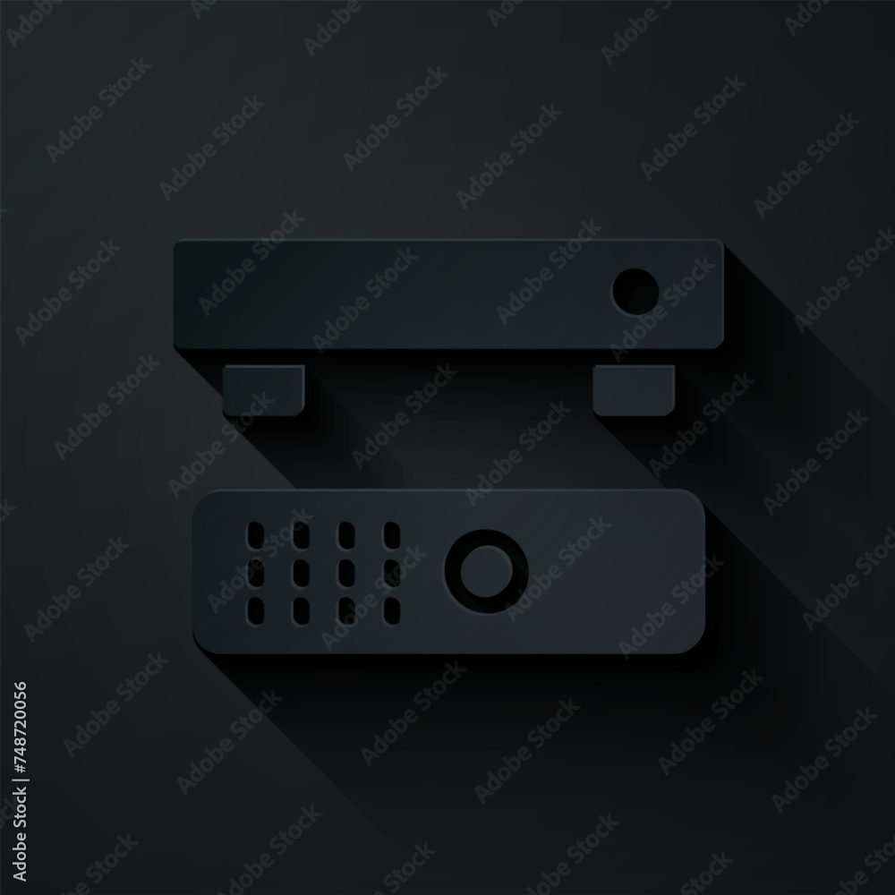 Poster paper cut multimedia and tv box receiver and player with remote controller icon isolated on black ba