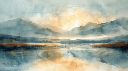 Calm watercolor landscape showing a sunset behind mountains with lake reflections,ai generated