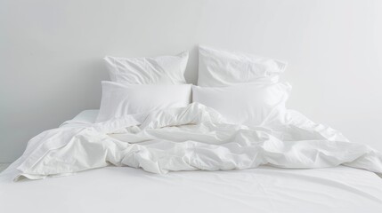 a bed with a white comforter and pillows on top of it, with a white wall in the background.