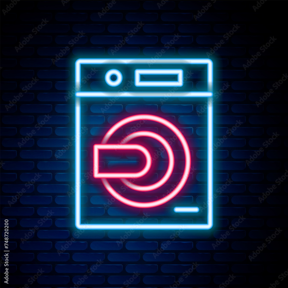 Canvas Prints glowing neon line washer icon isolated on brick wall background. washing machine icon. clothes washe