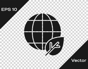 Black Earth globe and leaf icon isolated on transparent background. World or Earth sign. Geometric shapes. Environmental concept. Vector