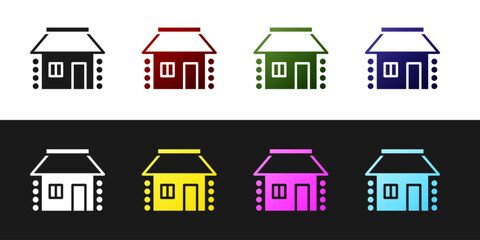 Set Old Ukrainian house hut icon isolated on black and white background. Traditional village house. Vector