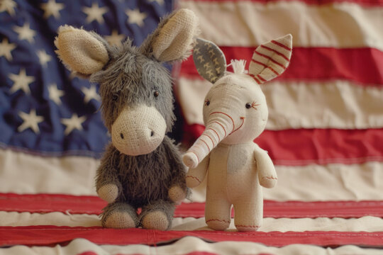 An elephant and donkey against an American flag. symbol of Republican and Democrat political party