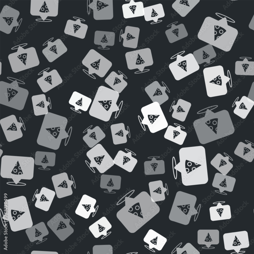 Poster grey slice of pizza icon isolated seamless pattern on black background. fast food menu. vector