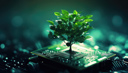 Miniature tree on an electric gadget , Environmental eco safe Conservation - obrazy, fototapety, plakaty