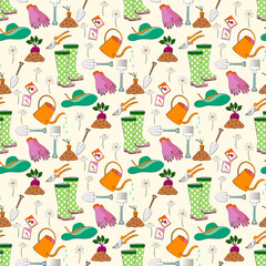 Spring flowers, garden tool hand draw seamless pattern. Home gardening with rubber boots, watering can, seed pack, spade, organic agriculture hobby  background design - 748720420